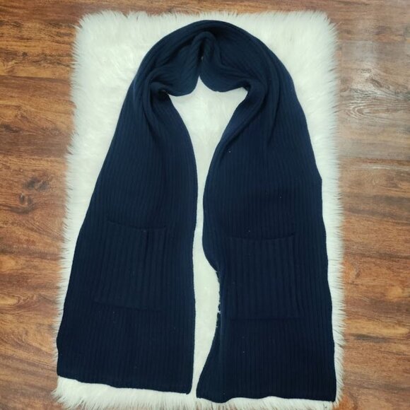 Navy Blue Cashmere Wool Blend With Pockets Ribbed Knit Scarf - Picture 2 of 7